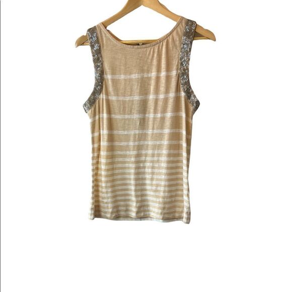 J CREW Silk Sequin Trim Tan & Silver Stripe Cotton High Neck Sleeveless Top S - Picture 1 of 8